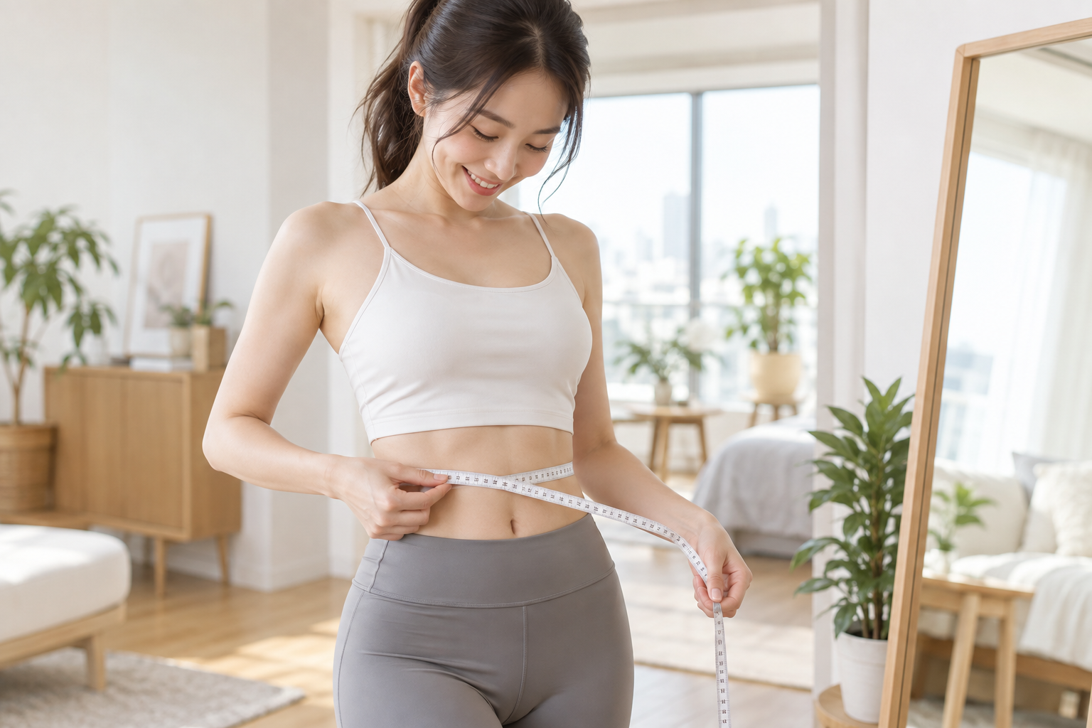 생리 전 체중 증가 시 허리둘레 변화를 확인하는 여성 모델