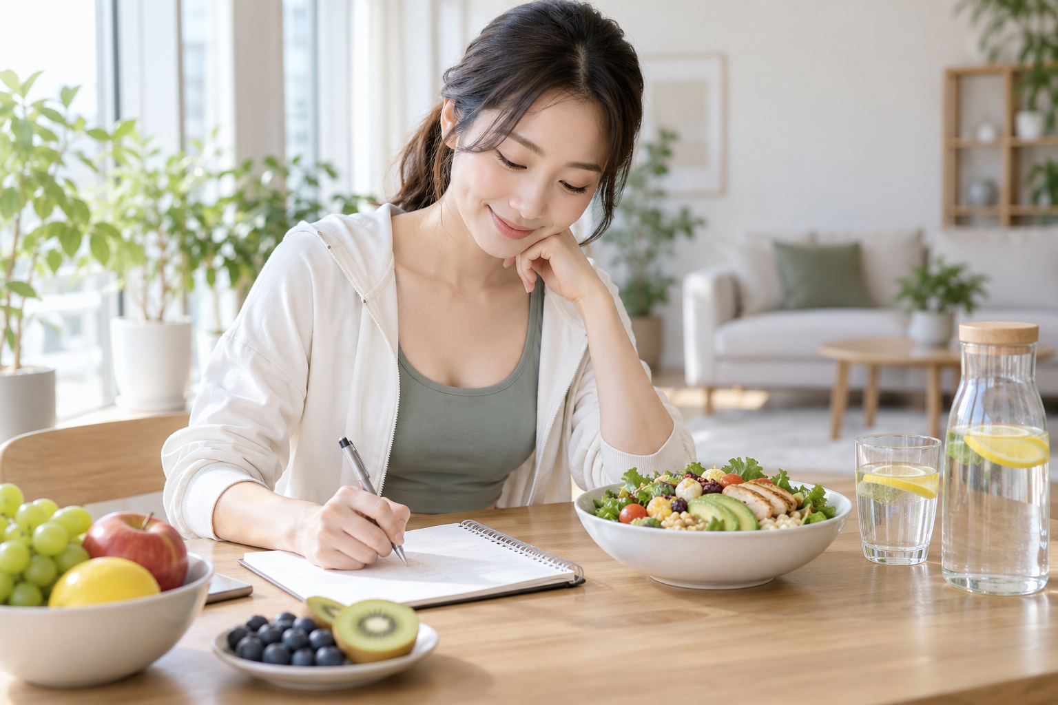 식욕과 식사 패턴을 기록하며 다이어트를 계획하는 여성 모델