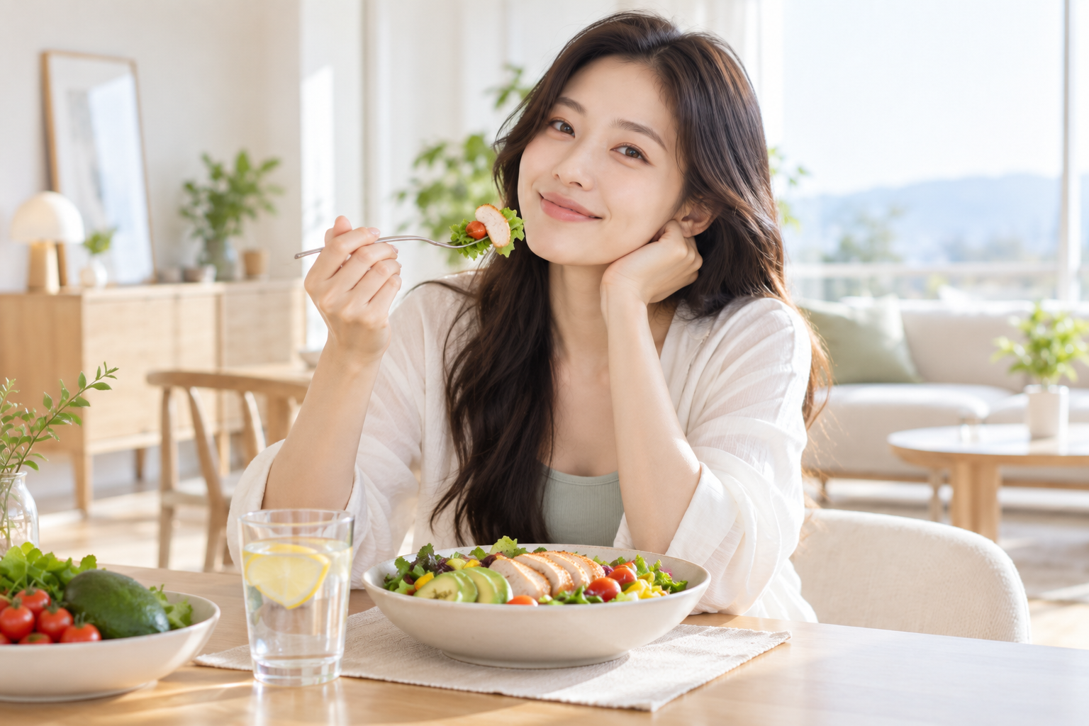늦은 밤 과식 대신 균형 식사를 구성하는 건강 식단 이미지